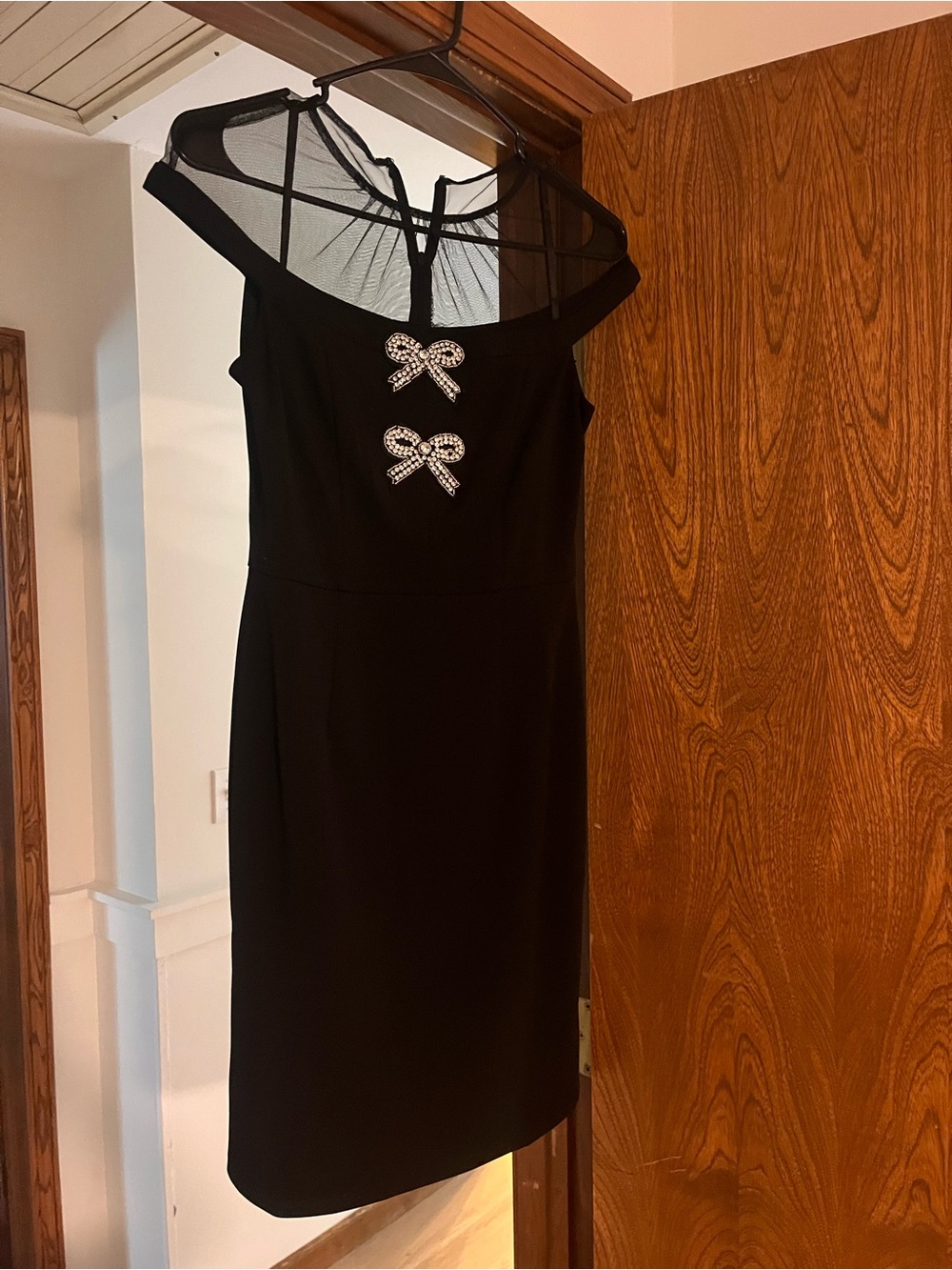 Maggy London Black One-Shoulder Cocktail Dress with Rhinestone Bows